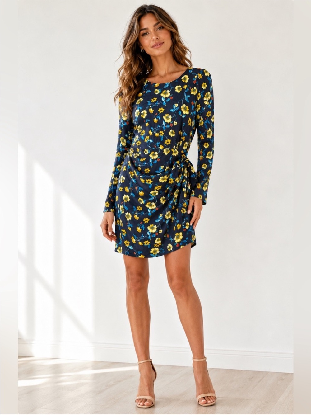 Astr the Label Navy Long-Sleeve Floral Wrap Dress with Yellow Accents. Medium